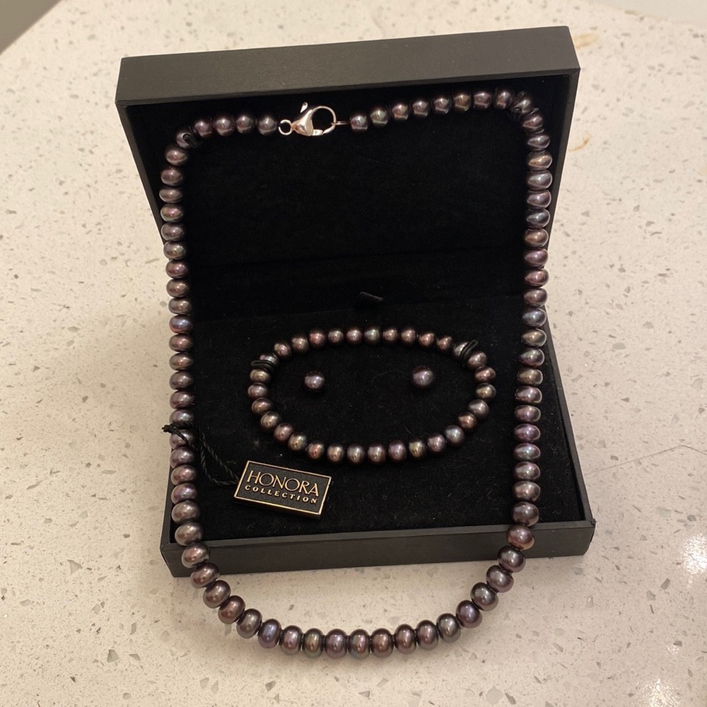 Honora Pearl Necklace, Bracelet, Earring Set - Dark Gray